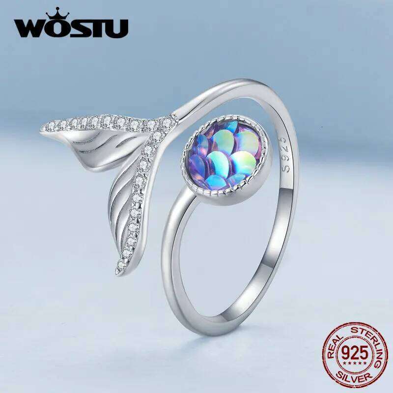 WOSTU 925 Sterling Silver Summer Rainbow Mermaid Scales Open Rings For Women Full of Zircon Fish tail Adjustable Ring R429 H260312