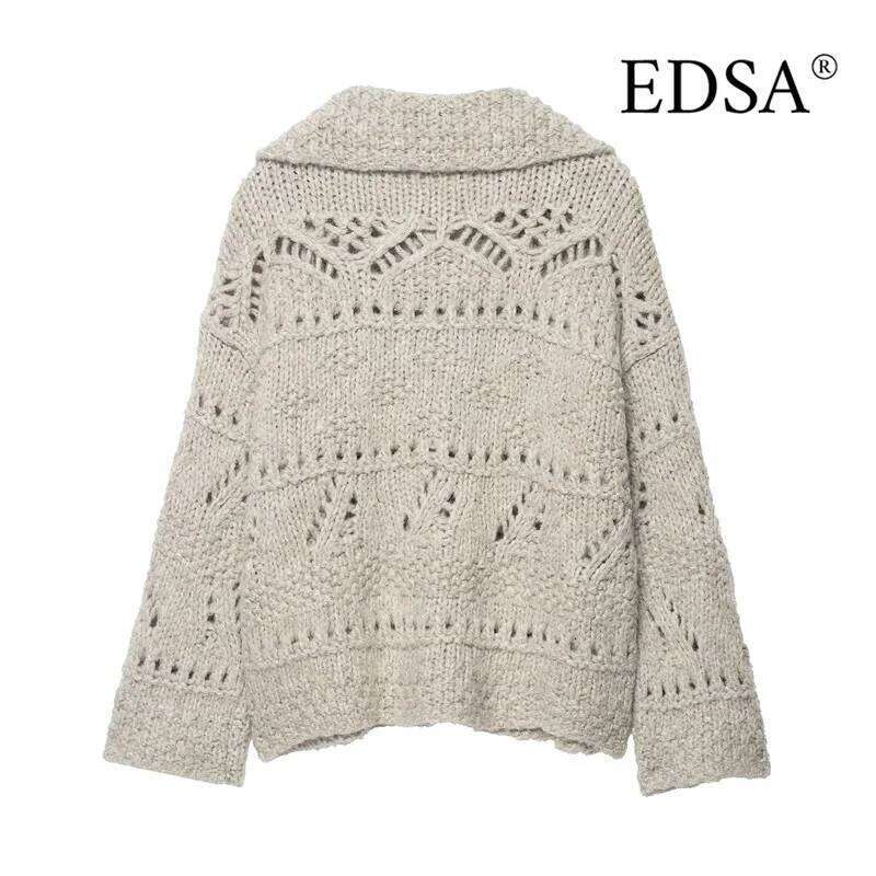 EDSA Women Knitted Cardigan Single Breasted Revere Collar Long Sleeves for Spring Autumn Loose Female Tops Z260313