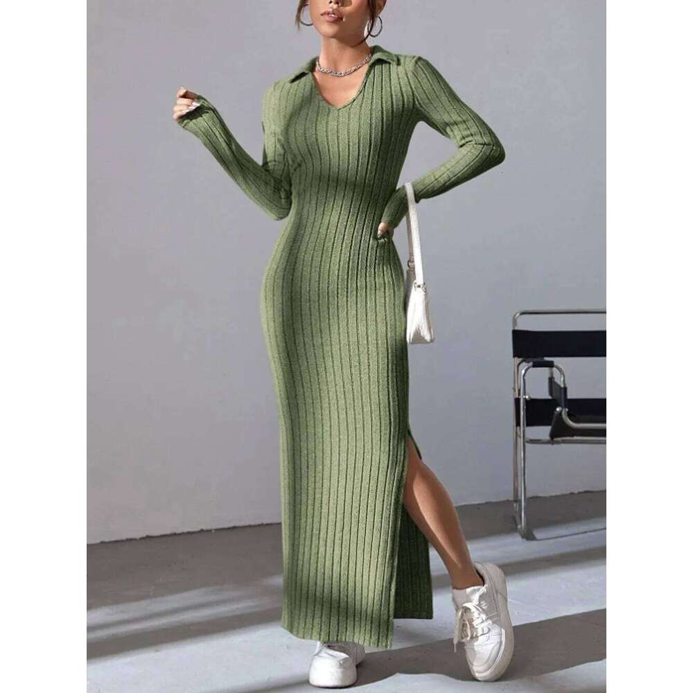 Spring and summer 2024 new style knitted slim lapel long sleeve dress pit strip solid color tight skirt Z260314