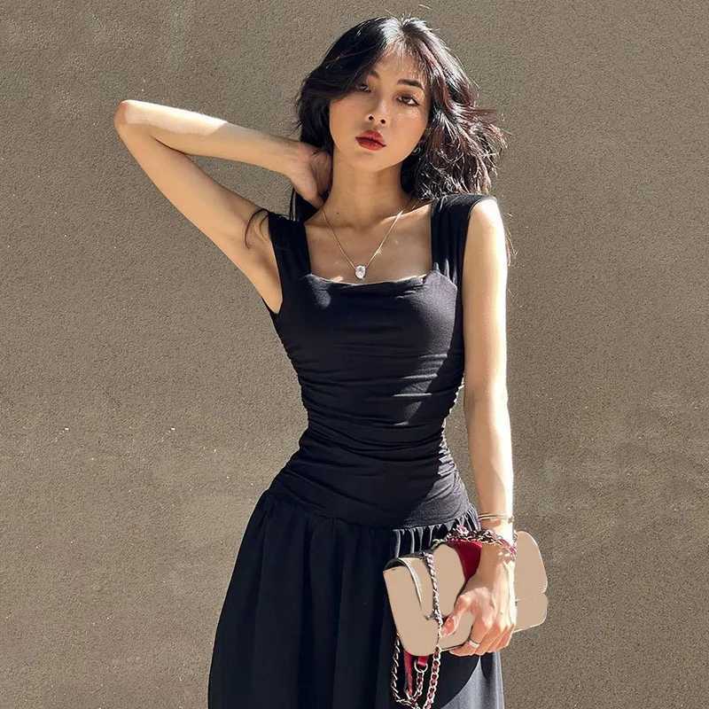 Black Wide Strap Maxi Dress for Women Summer Elegant Temperament High-Waist Party Long Dresses Sexy Ruched Bodycon Midi DressT260314