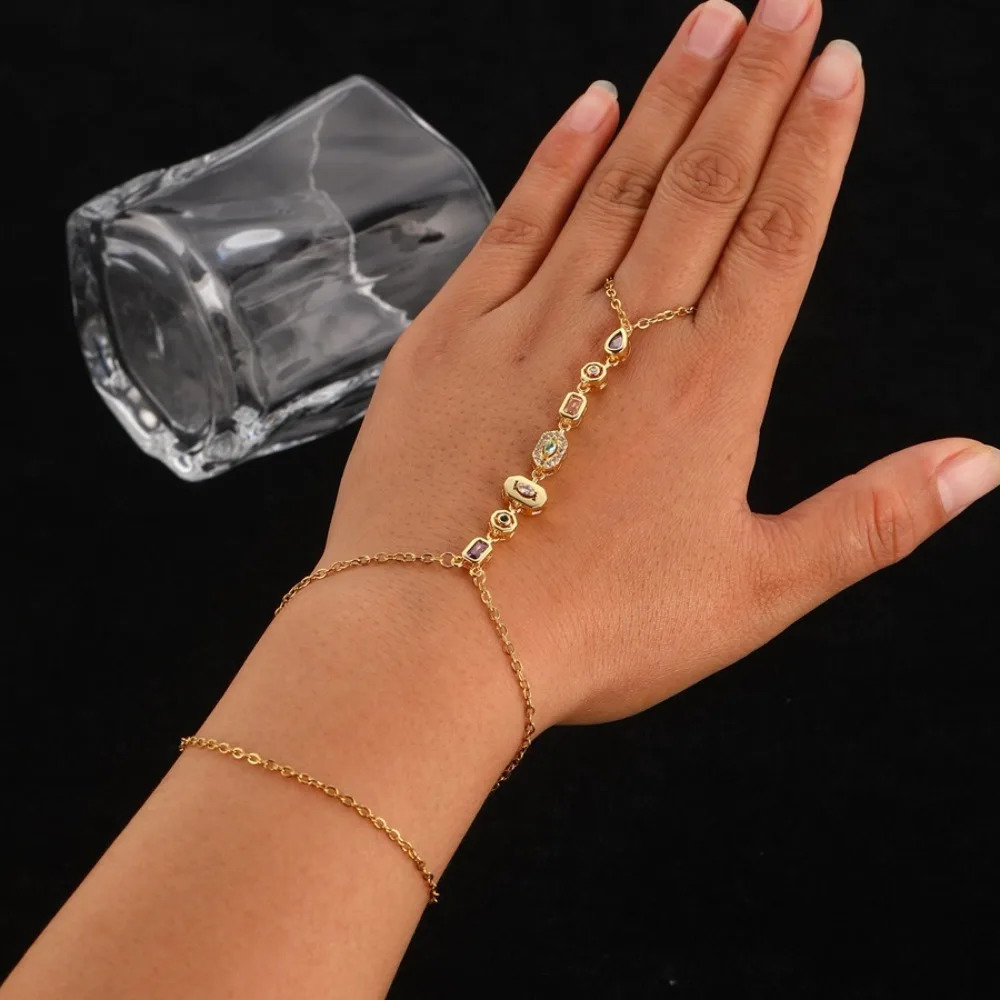 Fashion Sparkly Colored Rhinestones Gold Color Stainless Steel Finger Connect Bracelet Hand Back Chain for Women Jewelry 260313