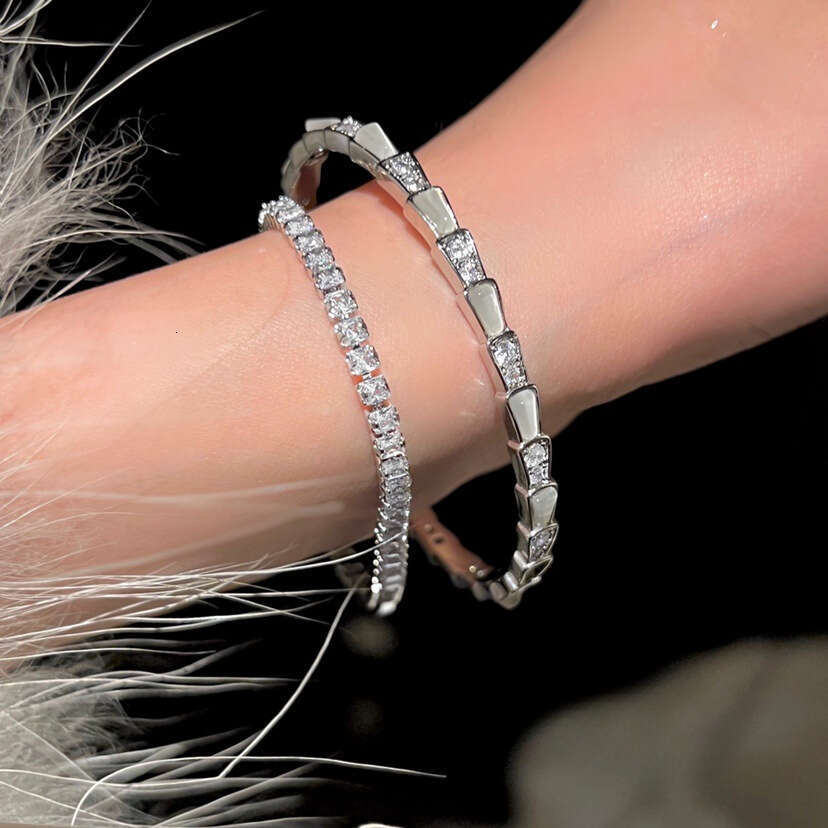 Women Jewelry Bracelets Charm Bracelets Snake-Shaped Mother-of-Pearl Titanium Steel Non-Fading Sparkling Zircon INS Style Open Silver Fashion Women Br