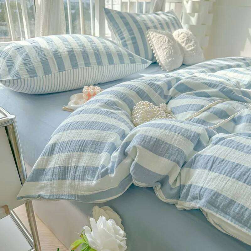 Lightweight Hotel Duvet 4Pcs Blue White Vertical Stripes Ultra Soft Breathable Comforter Cover Bed Sheet Pillowcase H260312 - view 4