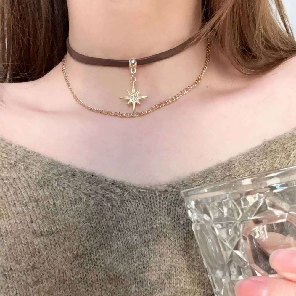 Y2K Vintage Brown Bowknot Flower Sun Stone Leather Pendant Necklace Stacking Choker Plush Leopard Clavicle Chain For Women Girl H260312