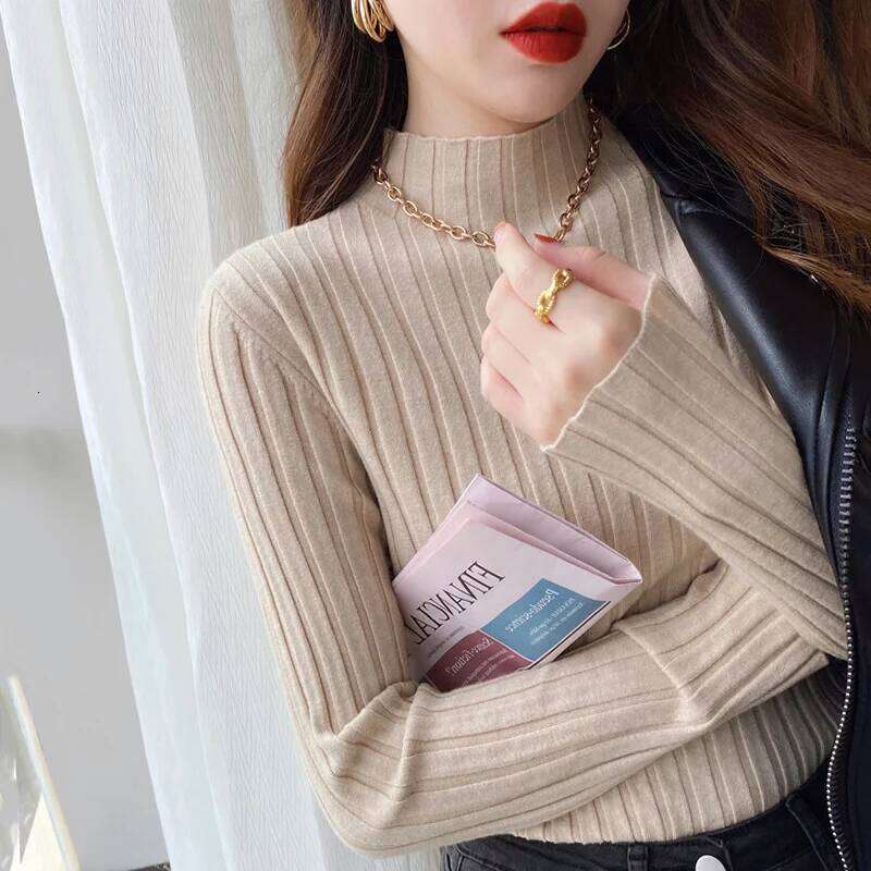 Sweaters Sueters De Mujer White Knitted Pullovers New Long Sleeve Mock Neck Knit Sweater Pullover Women Tops Q1768 Z260314