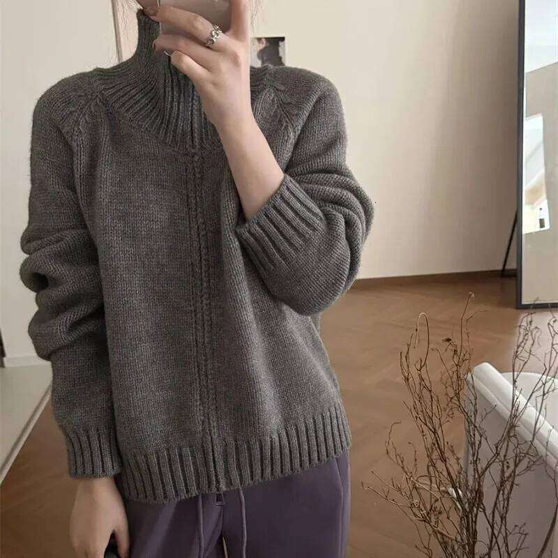 Lazy Style Double Zipper Turtleneck Sweater Female Autumn Winter Thicken Warm Knitted Cardigan Woman Korean Cropped Knitwears Z260314
