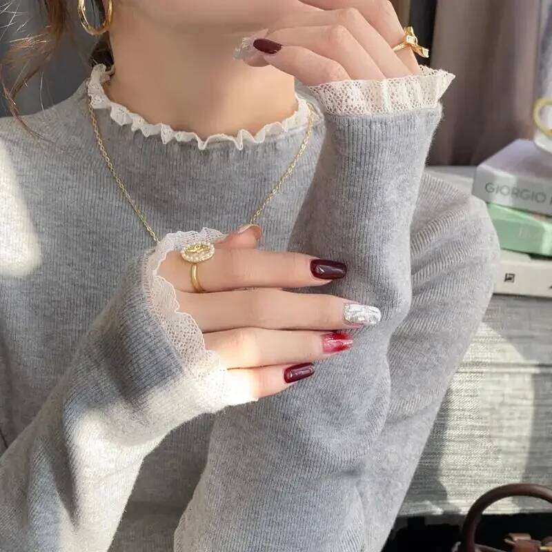 Korean Style Simple Base Layer Tops Womens Elegant Lace Trim Sweater Spring Autumn Grey Slim Fit Long Sleeves Pullovers Z260313
