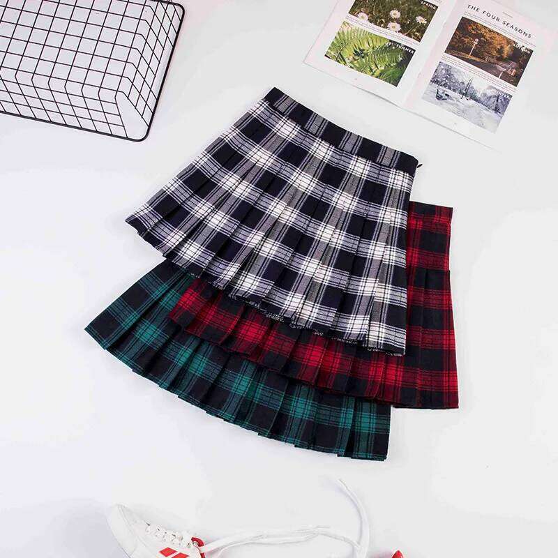 2023 Women A- line Red Plaid korean harajuku plaid skirt Spring and Autumn New Pleated High Waist Skirt Z260314