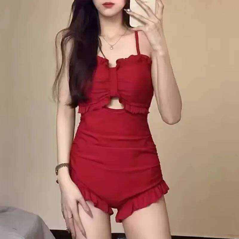 New Swimsuit Women Plaid Ruffled Monokini Pleated Backless Bathing Suit One-Piece Bikini Holiday Swimwear Summer Y260303