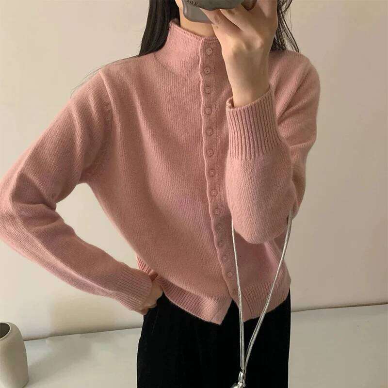 New Soft Comfortable Stand-Up Collar Sweater Cardigan Women Simple Single Breasted Cardigans Coat Autumn Solid Knitted Outerwear Z260313