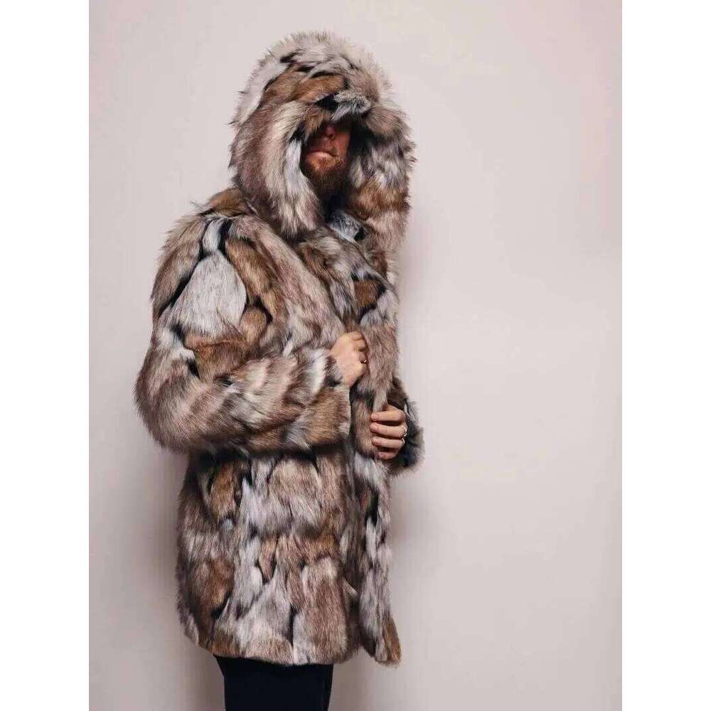 Winter Menthick Hooded Fluffy Warm Outerwear Fox Jacket Long Sleeve Men's Faux Fur Coat Z260313