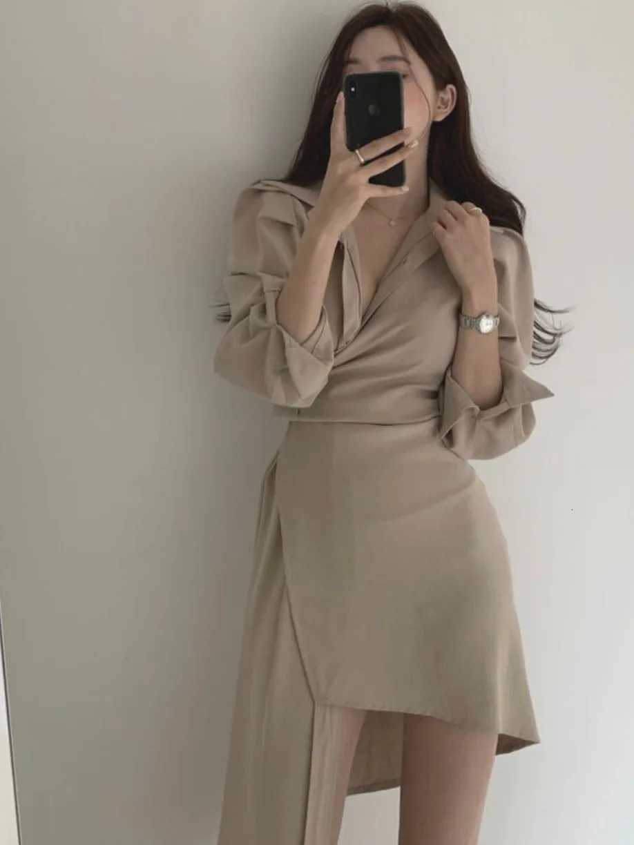 Chic Early Autumn irt Dr Womens Single Button Waist Cinched Midi Asymmetrical Collar Busin Casual Sle DrT260314