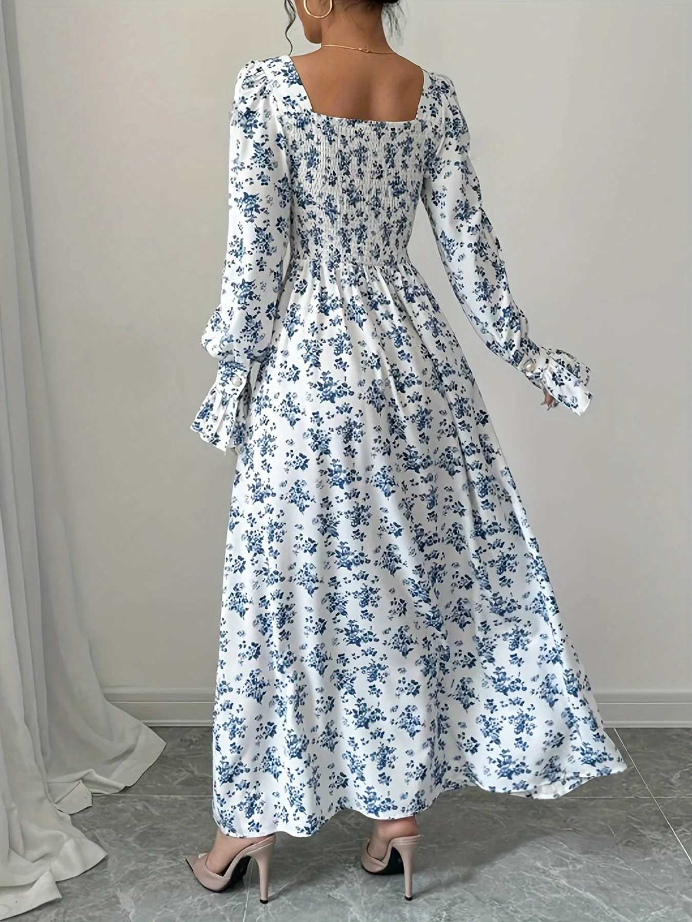 Womens Blue Floral Print Maxi Dress Square Neck Long Sleeve Casual Boho DressT260314