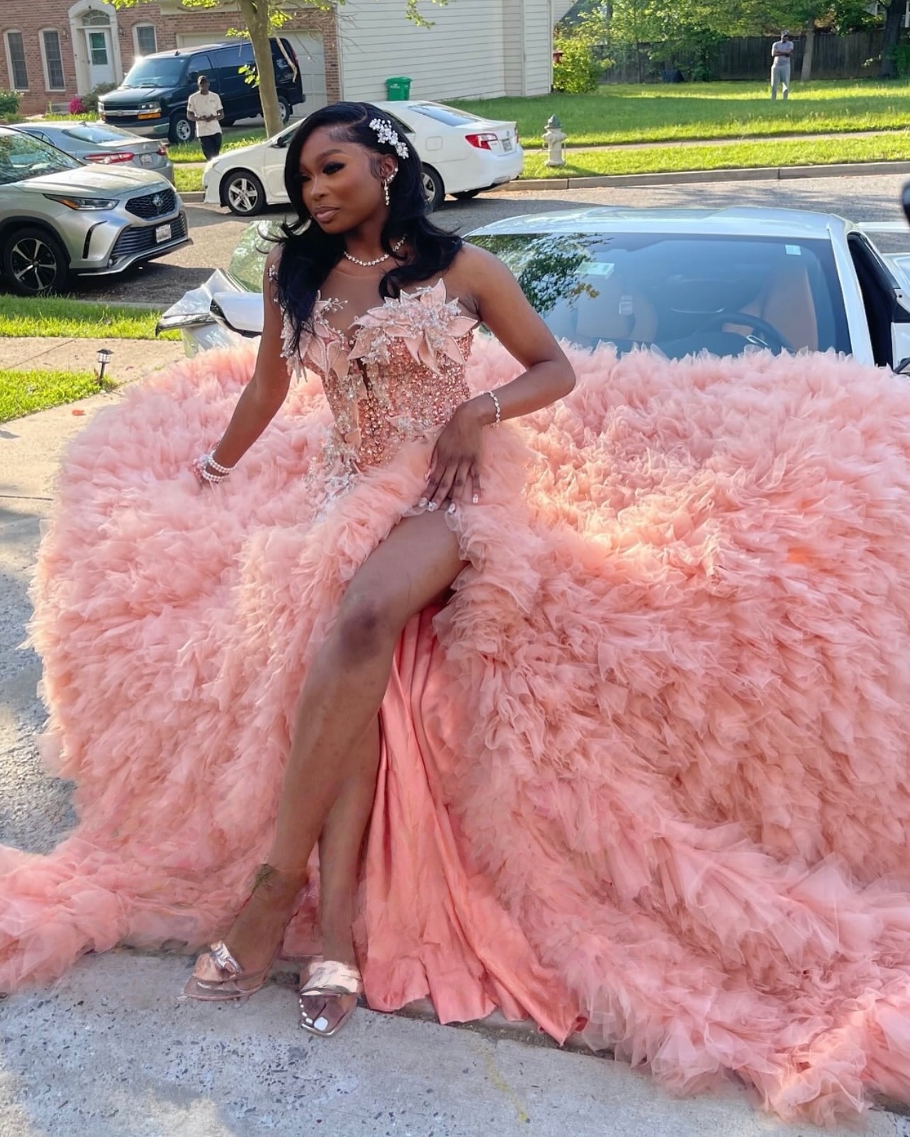Aso Ebi Blush Pink Prom Dress 2026 Mermaid Prom Dress Florals Crystals Tiers High Split Evening Dress Sequined Birthday Formal Women Pageant Party Gow