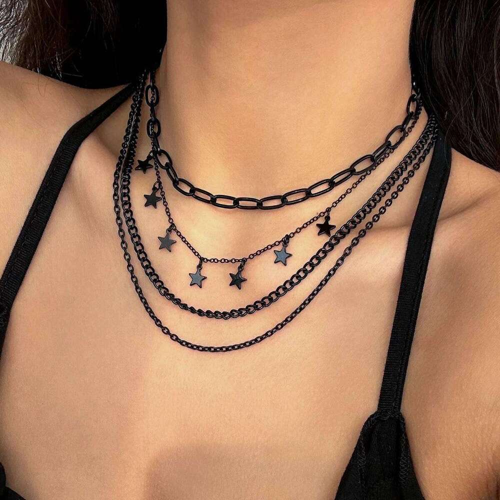 Salircon Gothic Dark Style Multi-layer Metal Fashion Star Pendant Short Collarbone Necklace Women's Trend Party Jewelry H260312