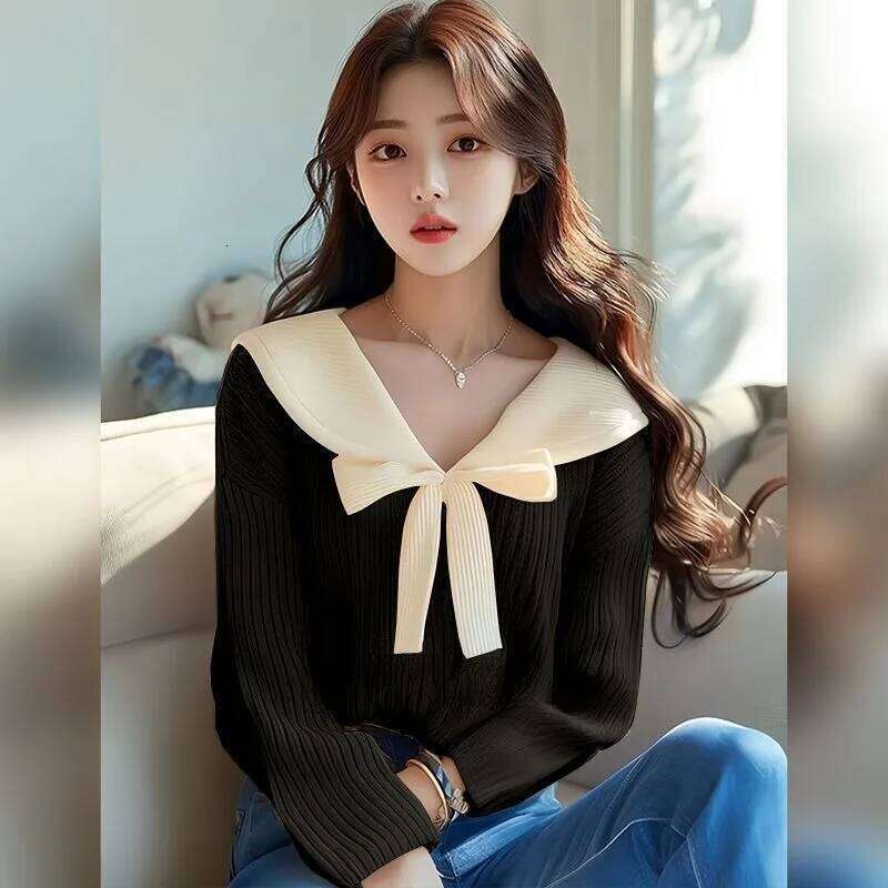 Lapel Bow Soft Sweater Knitted Pullover 2024 Early Autumn New Office Lady Gentle Long-sleeved Versatile Commuter Top Z260313
