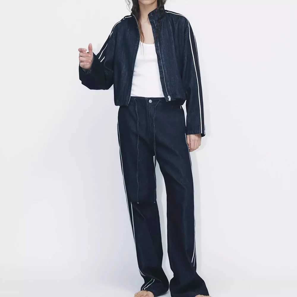 PRINTKAOIR Women High Street Denim Set Side Stripe Stand Collar Zipper Jacket Lace-Up Pant 2025 Autumn Winter Casual Female Set M260313