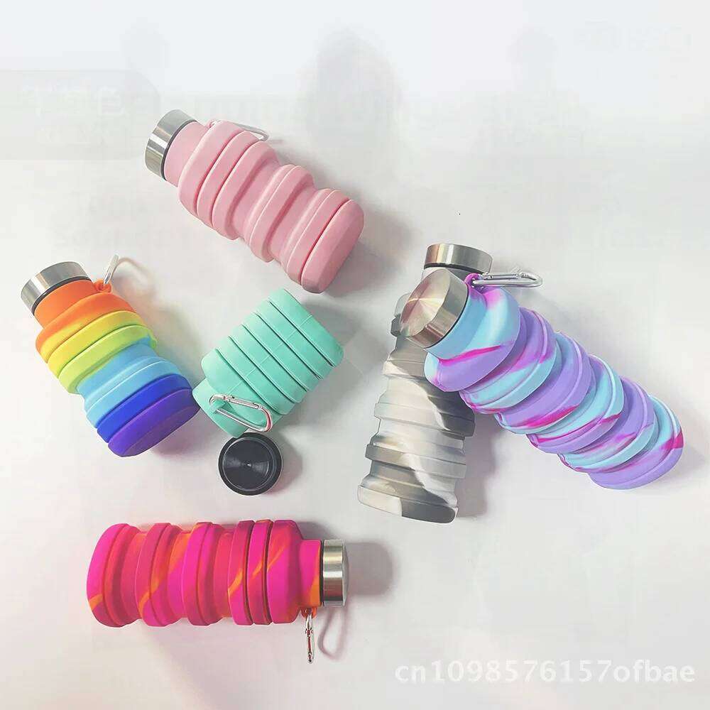 Portable Silicone Folding Bottle 500ml Sports Fitness Travel Kettle Stretch Water Cup Outdoor Creative Rainbow & Tie-Dye Z260313