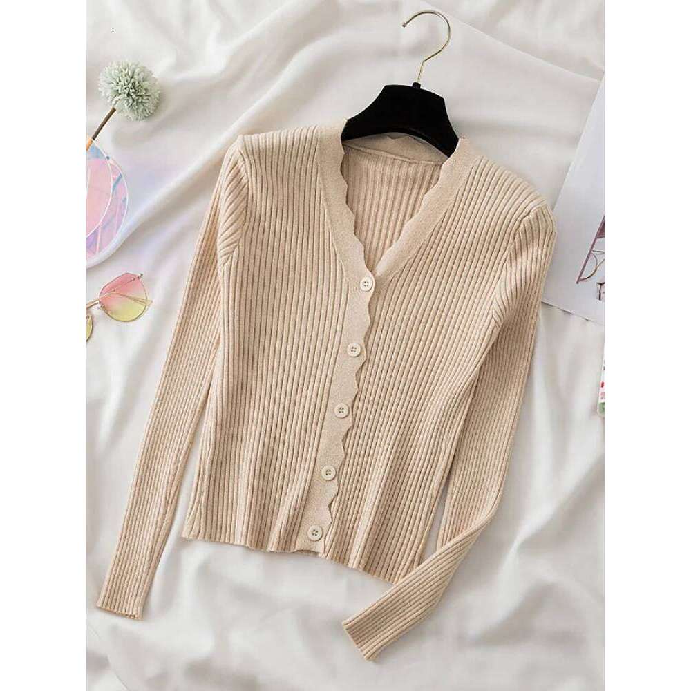 Knitted Cardigan Button Jacket 2023 Autumn Winter V-neck Long Sleeve Casual Tops For Women Sweater Green Z260314