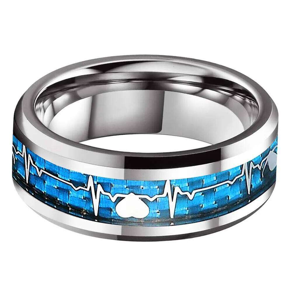 Fashion 8mm SilverBlue Carbon Fiber Heart Inlay Tungsten Carbide Engagement Rings Wedding Bands Domed Polished Shiny Comfort Fit H260312
