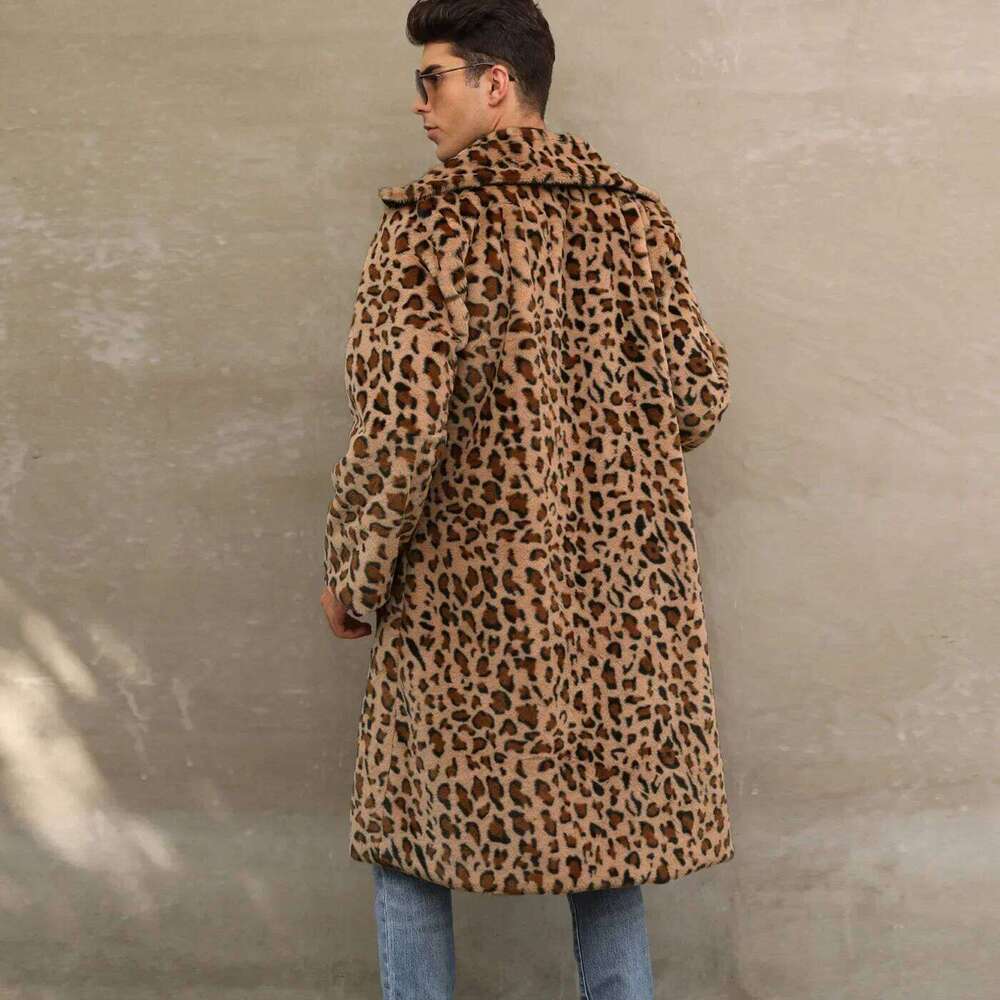Men Faux Leopard Coat Winter Thick Sleeve Warm Shaggy Outerwear Luxury Fur Long Jacket Bontjas Jackets Mens Z260313