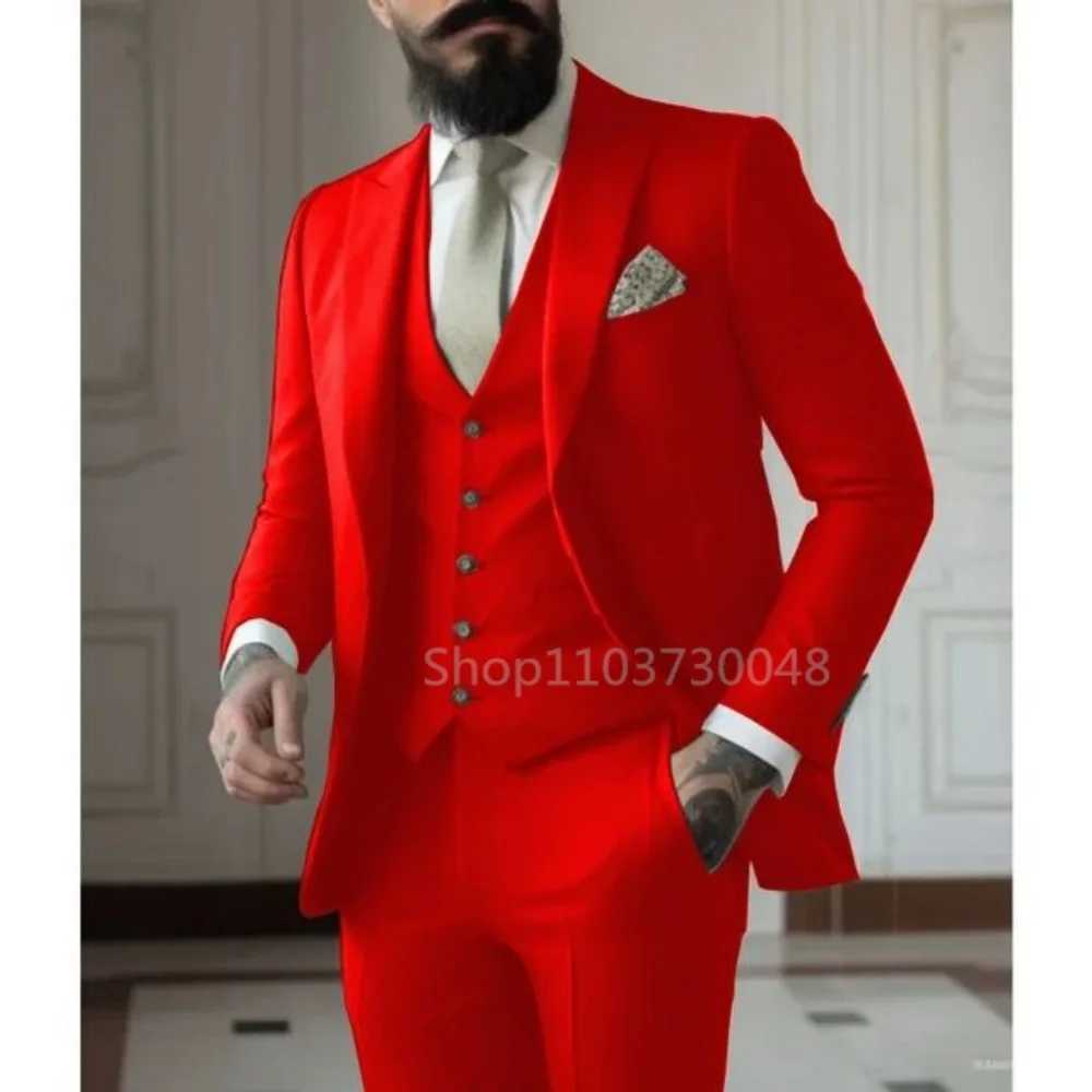 Elegant Rose Red 3-Piece Slim Fit Mens Suit Double Breasted Blazer Vest Pants Set for Wedding Groom Tuxedo Business Party M260313