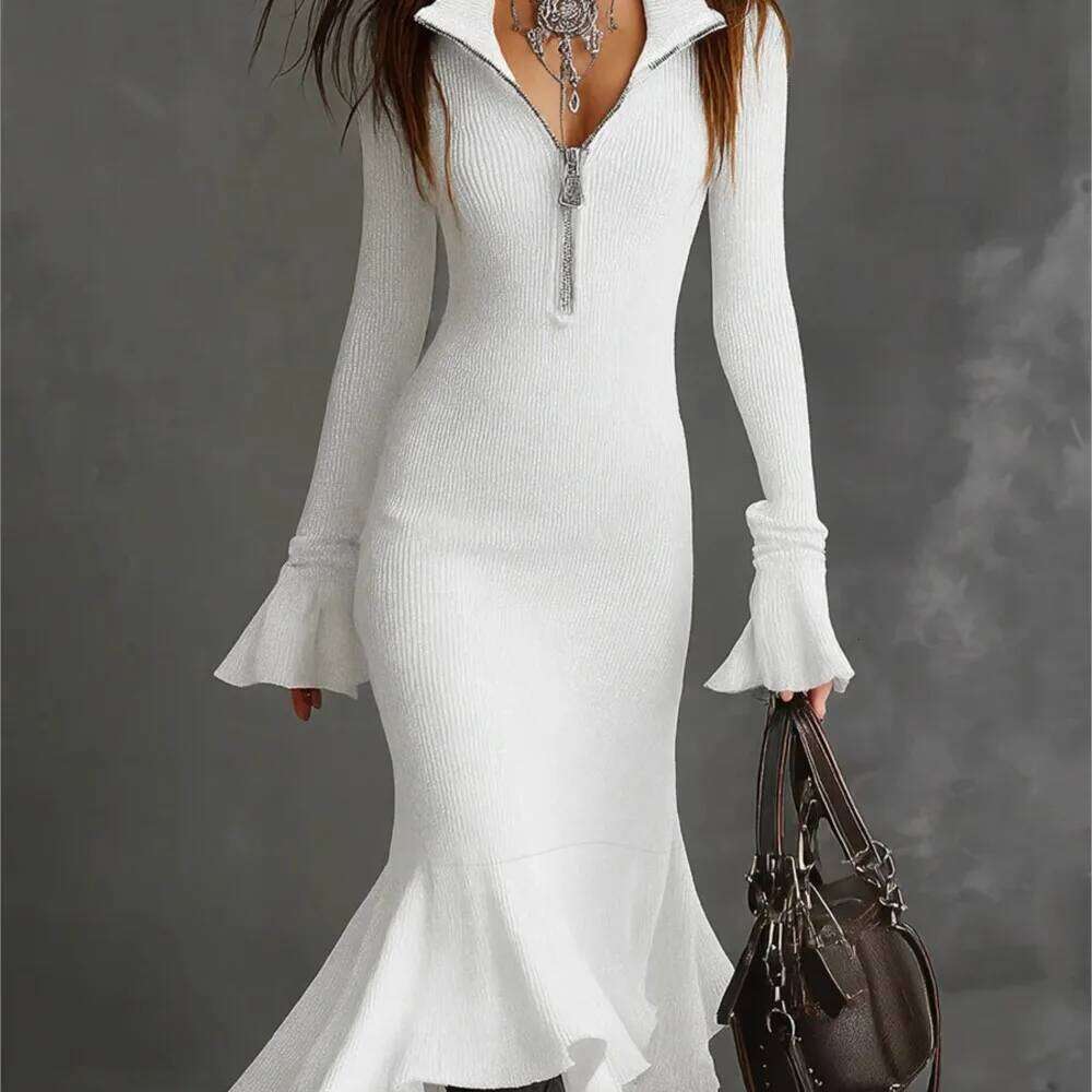 Zipper Lapel Bell Sleeves Knitted Fishtail Spring Autumn Fashion Elegant Solid Color Long-sleeved Long Dress Ropa Mujer Z260314