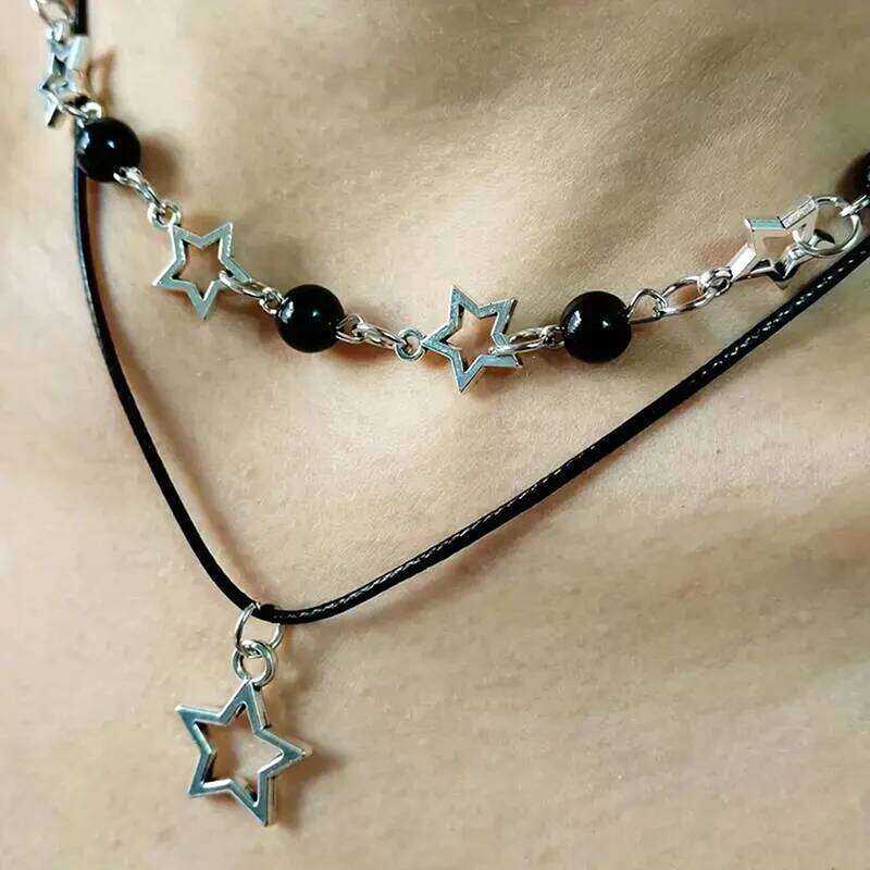 Fashion Double Layered Black Bead Star Choker Necklace Punk Pentagram Leather Rope Necklaces For Women Girls H260312