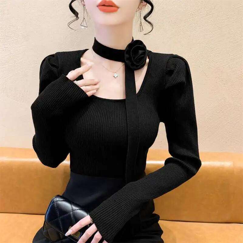 Retro Square Collar Wears Red Sweater for Women's New Style of Royal Sister Showing Off Her Figure Base Shirt Top Z260313