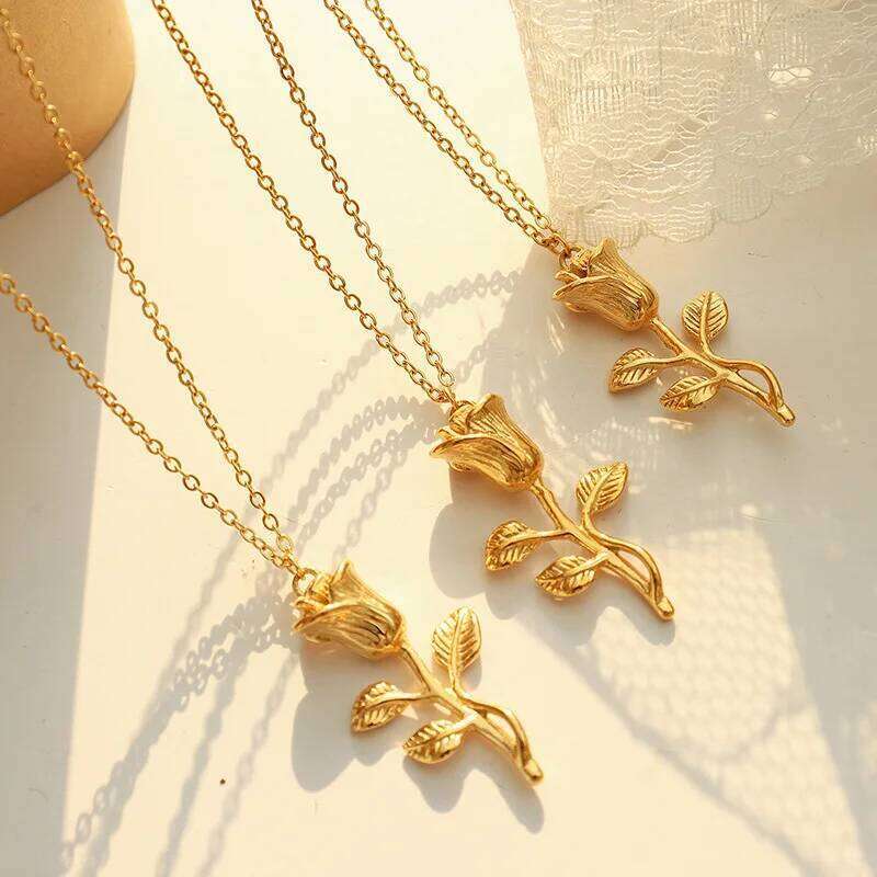 Retro Gold Rose Flower Pendant Necklace Titanium Steel Women's Unique Design Cross-Border Jewelry Fashionable Versatile Acces... H260312