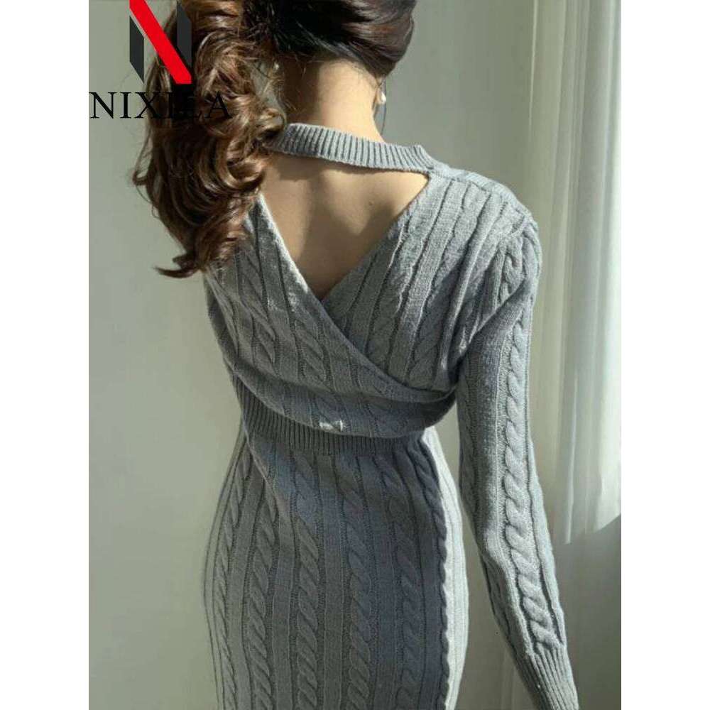 Spring Autumn Women Knitted Tops Pullover Skirt V-neck Long Sleeves Slim Sweater Dress Fashion Elegant Female Clothing Z260314
