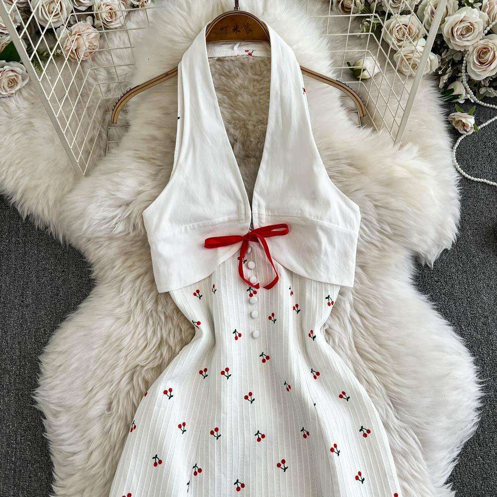 Designer's sweet and spicy deep V-back printed waist cinching women's age reducing dress with pure A12 desire style and sexy slimming A-line