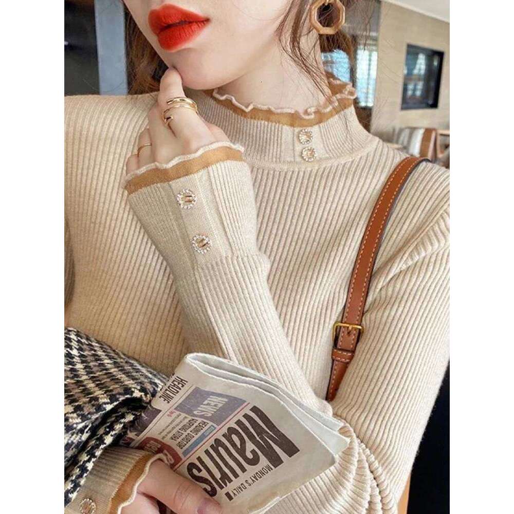 2025 Knitted Women Sweater O-neck Button Pullovers Autumn Winter Basic Sweaters for Female Pullover Slim Solid Bold Lace Tops Z260314