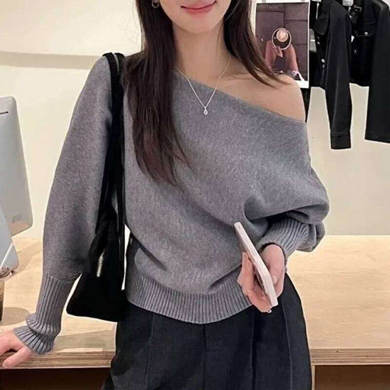 Fashion Black Long Sleeve Sweaters Knitted Pullovers Slash Neck Knit Sweater Pullover Women Tops Knitwears Q1476 Z260314