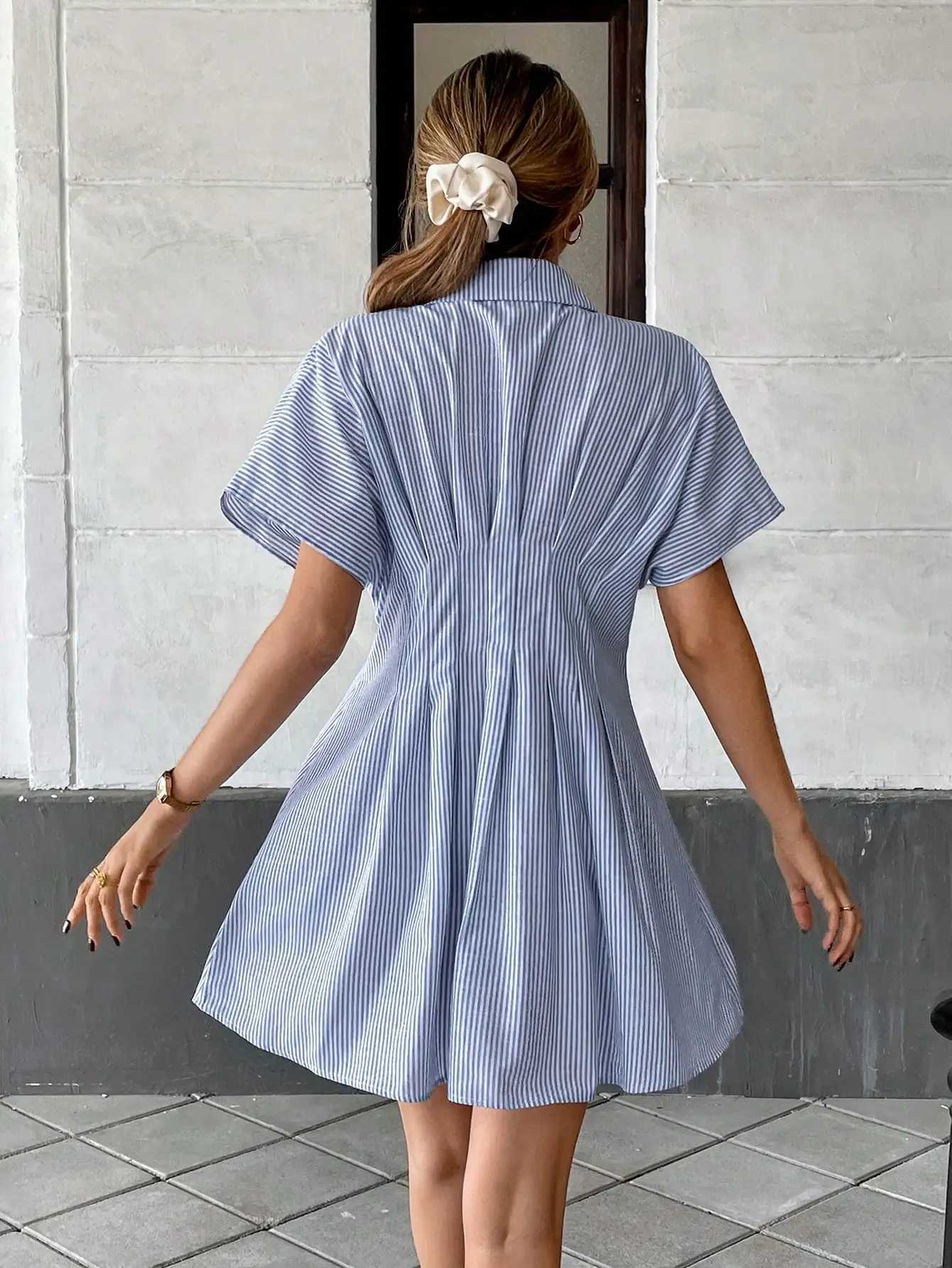 Navy White Striped Shirt-Style A-Line Mini Dress with Short SleevesT260314