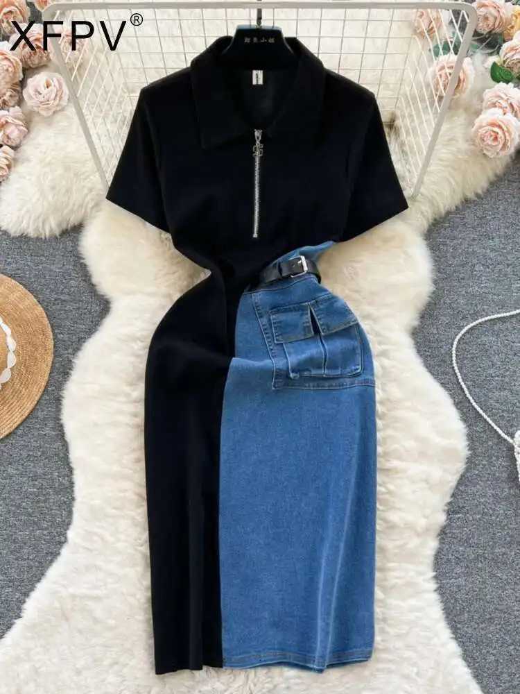 XFPV Women Vestidos Contrasting Colors Patchwork Slim Fit High Waist Denim Dresses Lapel Vestidos Spring Summer 2025 SM10385T260314