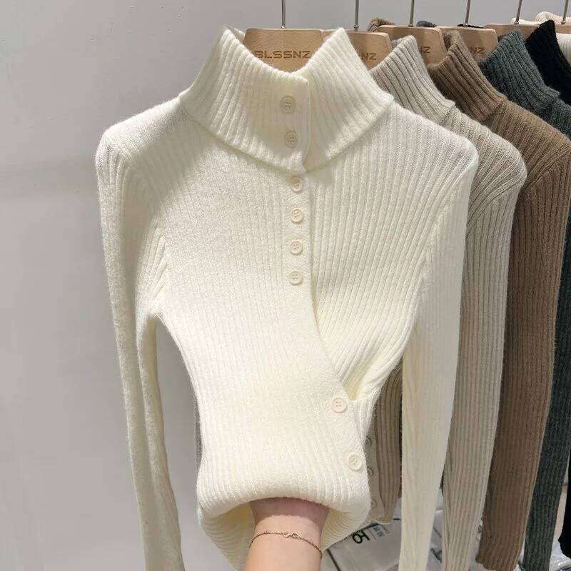 New High-neck Long-sleeved Cardigan Sweater Autumn Winter Style Slimming Bottoming Top Z260313