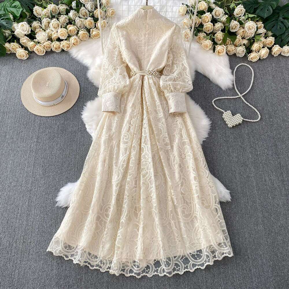 Women's French retro lace embroidered stand up collar lantern sleeve new single breasted waist cinching slim fit dress