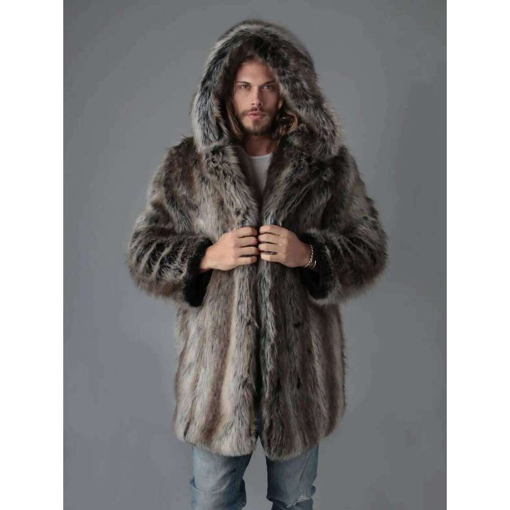 Hot Selling Men's Thick Hooded Personality Winter Mid-Length High Quality Faux Fur Coat Z260313