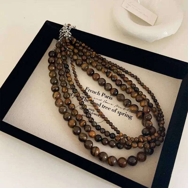 Minar Vintage 4 6 8 10mm Natural Stone Tigereye Strand Beaded Necklace for Women Femme Silver Plated Chokers Sweater Chain H260312