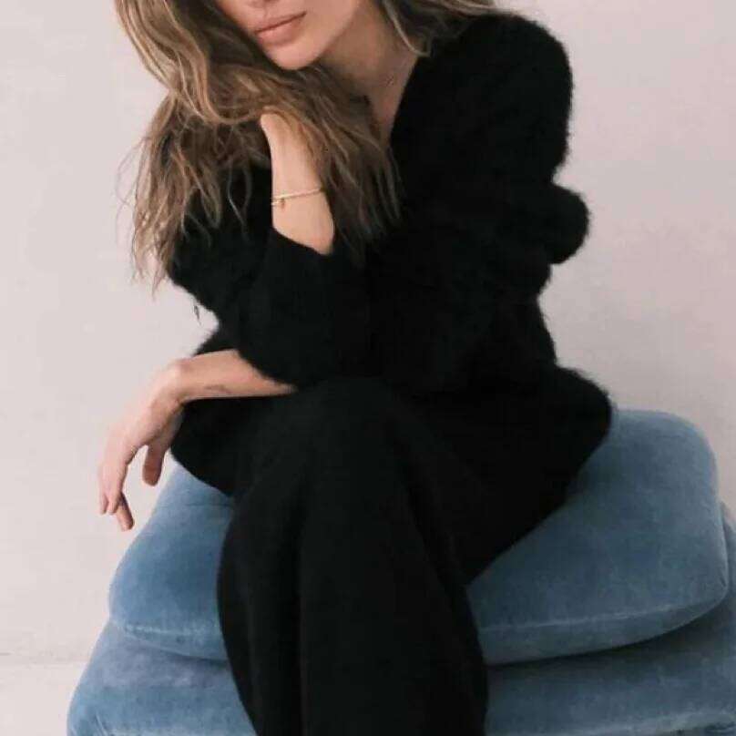 Women's Knitted Fashion Loose Daily Mink Velvet V-neck Sweater Long Sleeve Button Solid Color Cardigan Jacket Z260313