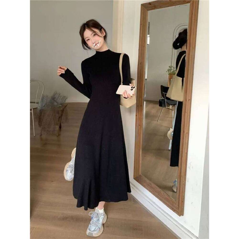 Women's Black French Mid-Calf A-Line Knit Dress Chic Semi-Turtleneck Slimming Long Sleeve Warm Layered Autumn Winter Exclusive Z260314