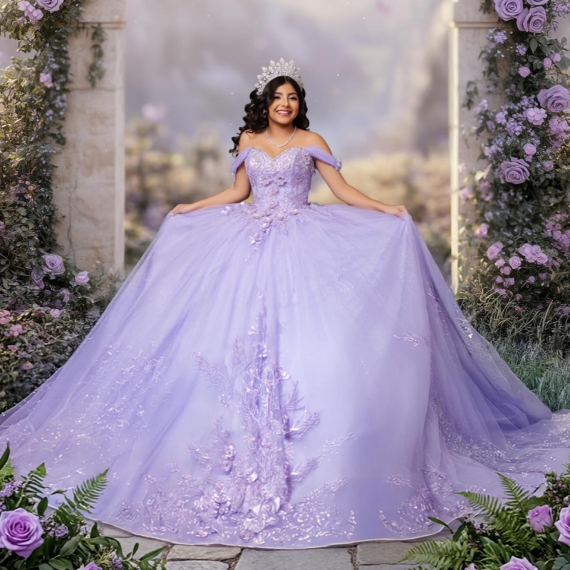 Lavender Shiny Ball Gown Quinceanera Dresses 2026 Applique Flower Beading Tull Off Shoulder Sweet 16 Dress Years Vestidos 15 De XV Anos