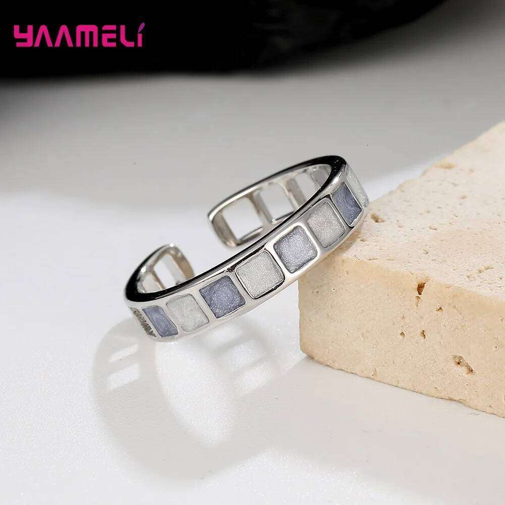 925 Sterling Silver Jewelry Women Opening Adjustable Ring Glitter Square Wide Band New Fashion Female Accessories H260312