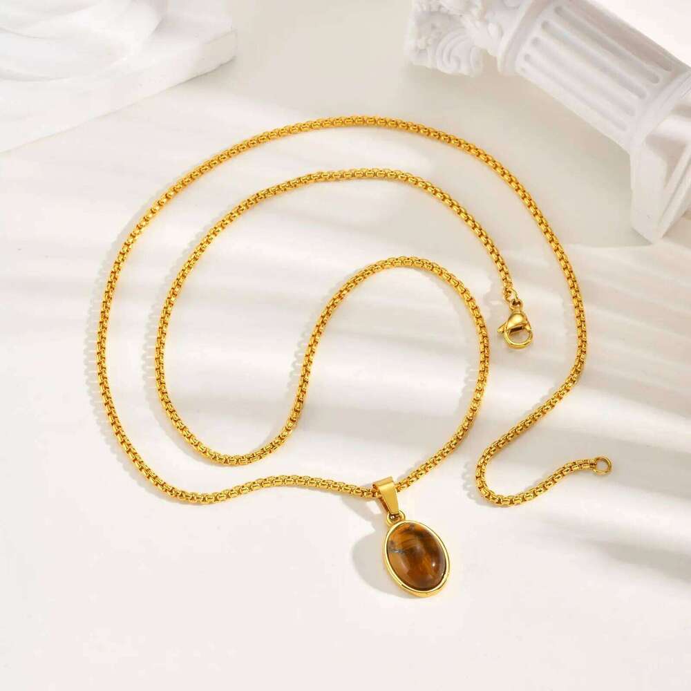 Vnox Trendy Natural Stone Geometric Pendant Necklace for Men, Stainless Steel Gold Color Box Chain Collar, Fashion Charm Jewelry H260312