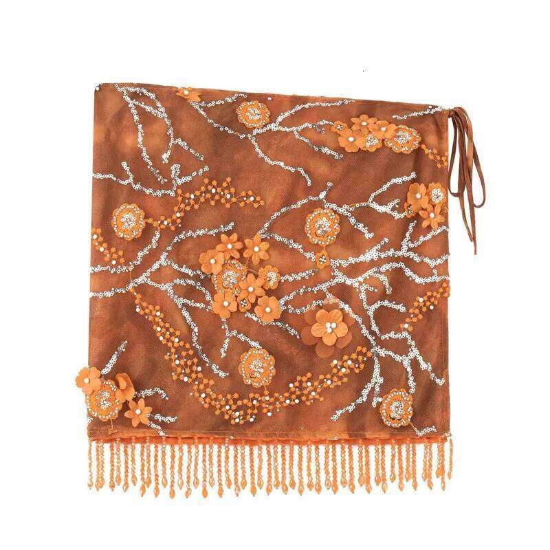 Sexy Fringe Skirt For Women's Summer Vintage Fashion Embroidery Tie Dye Orange Beach Vacation Style Bikini Three-piece Set Y260303