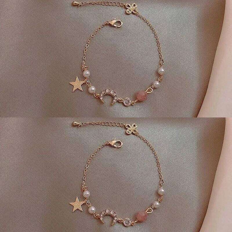 Simple Star Moon Zircon Pearl For Women Ladies Cute Elegant Exquisite Shiny Link Chain Bracelet Charm Jewelry Z260313