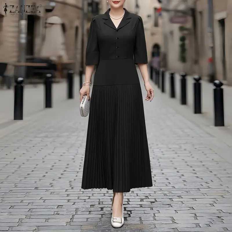 ZANZEA Elegant Women OL Work Dresses 2026 Summer Dress Lapel Neck Half Sleeve Sundress Solid Waisted A Line Pleated Robe VestidoT260314