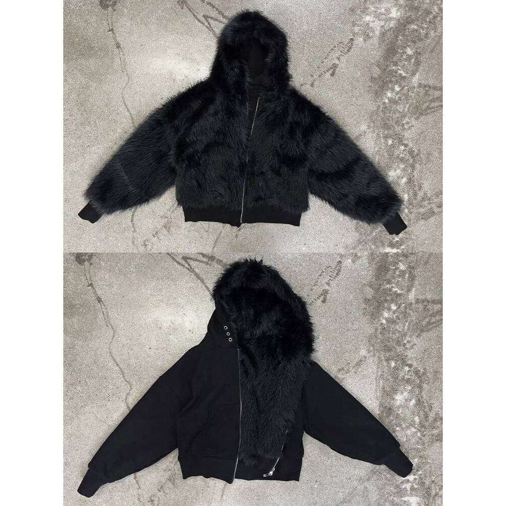 Autumn and winter season women's street retro hooded zipper solid color double-sided cardigan sweatshirt jacket clothing Y2K Z260313