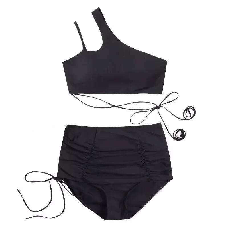 Sexy Korean Fashion One Shoulder Crop Top Mujer Black Drawstring Shorts Bottoms Bikinis Sets Two Pieces Swimsuit Padded Swimwear Y260303